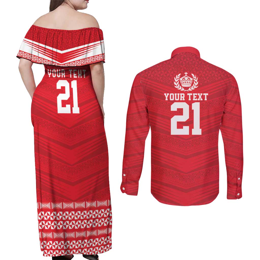 Custom Mate Ma'a Tonga Heritage Couples Matching Off Shoulder Maxi Dress and Long Sleeve Button Shirt Pacific Tribal Rugby Red Edition - Polynesian Pride