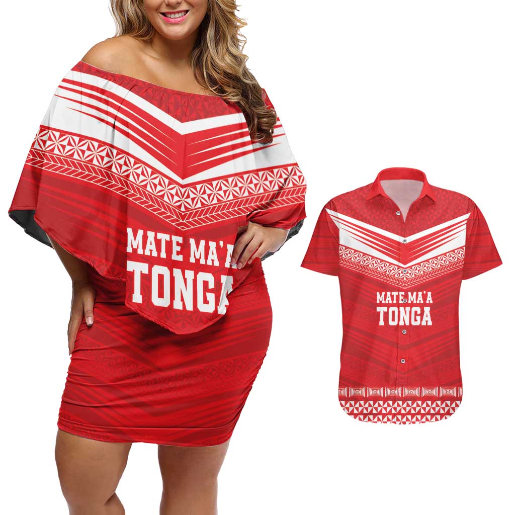 Custom Mate Ma'a Tonga Heritage Couples Matching Off Shoulder Short Dress and Hawaiian Shirt Pacific Tribal Rugby Red Edition - Polynesian Pride