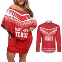Custom Mate Ma'a Tonga Heritage Couples Matching Off Shoulder Short Dress and Long Sleeve Button Shirt Pacific Tribal Rugby Red Edition - Polynesian Pride