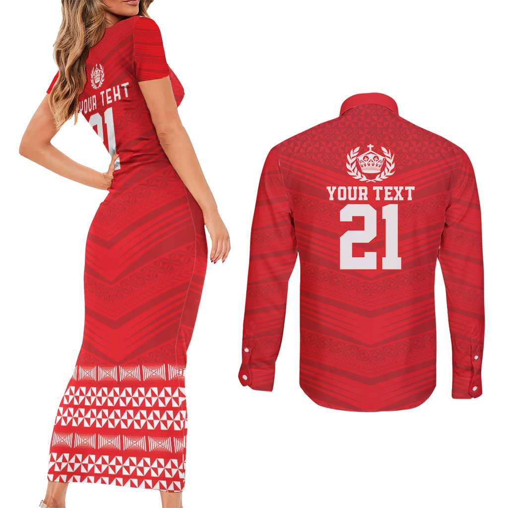 Custom Mate Ma'a Tonga Heritage Couples Matching Short Sleeve Bodycon Dress and Long Sleeve Button Shirt Pacific Tribal Rugby Red Edition - Polynesian Pride