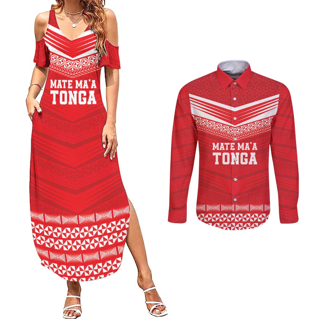 Custom Mate Ma'a Tonga Heritage Couples Matching Summer Maxi Dress and Long Sleeve Button Shirt Pacific Tribal Rugby Red Edition - Polynesian Pride