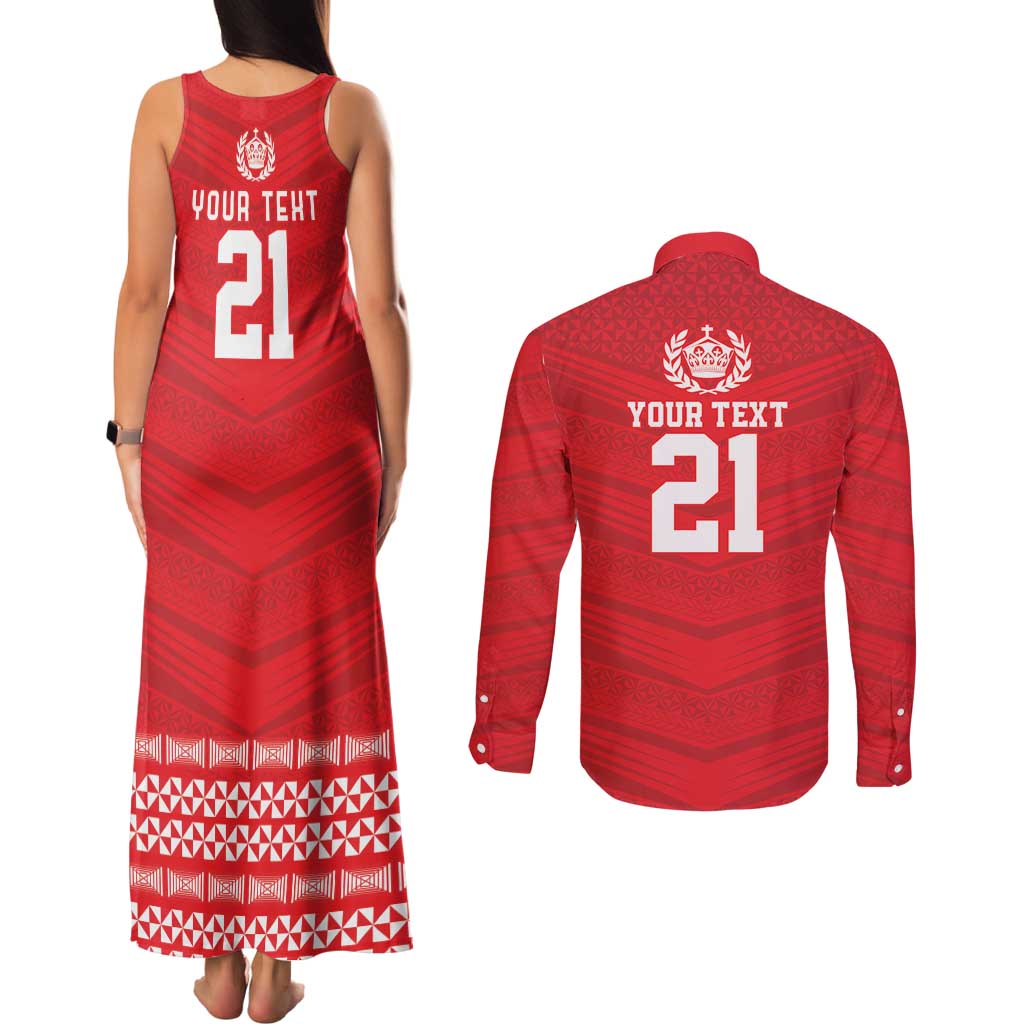 Custom Mate Ma'a Tonga Heritage Couples Matching Tank Maxi Dress and Long Sleeve Button Shirt Pacific Tribal Rugby Red Edition - Polynesian Pride