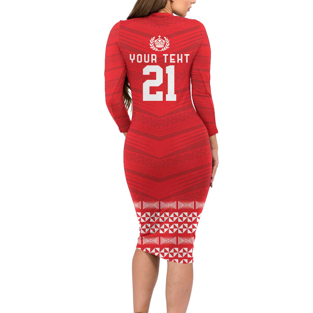 Custom Mate Ma'a Tonga Heritage Family Matching Long Sleeve Bodycon Dress and Hawaiian Shirt Pacific Tribal Rugby Red Edition - Polynesian Pride