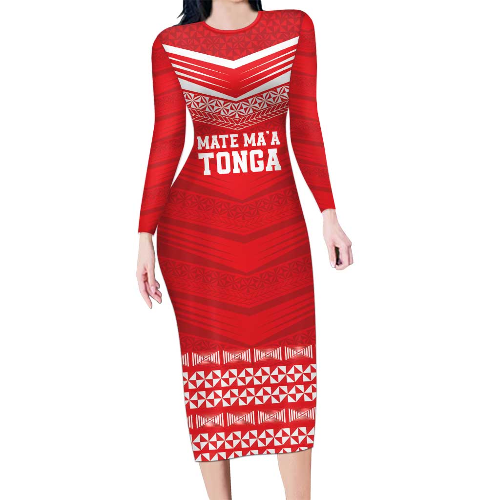 Custom Mate Ma'a Tonga Heritage Long Sleeve Bodycon Dress Pacific Tribal Rugby Red Edition - Polynesian Pride