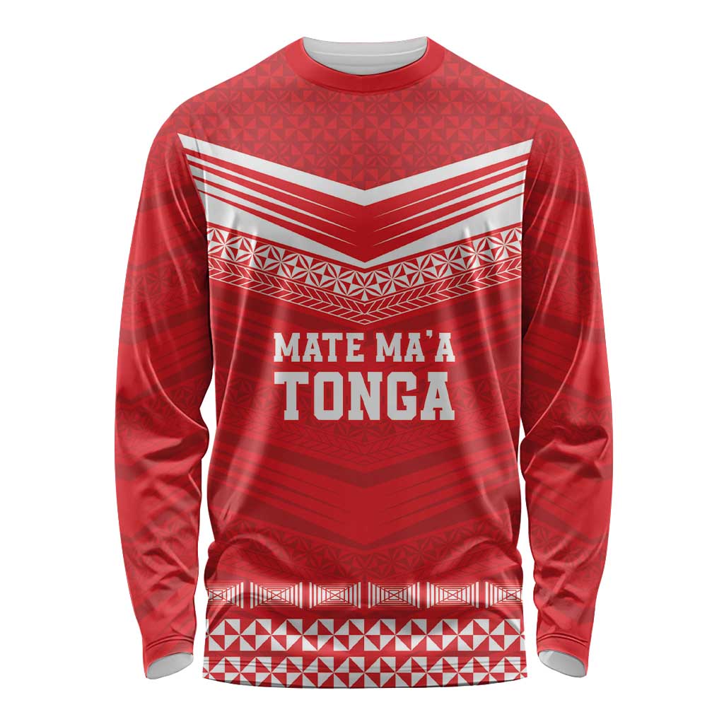 Custom Mate Ma'a Tonga Heritage Long Sleeve Shirt Pacific Tribal Rugby Red Edition - Polynesian Pride