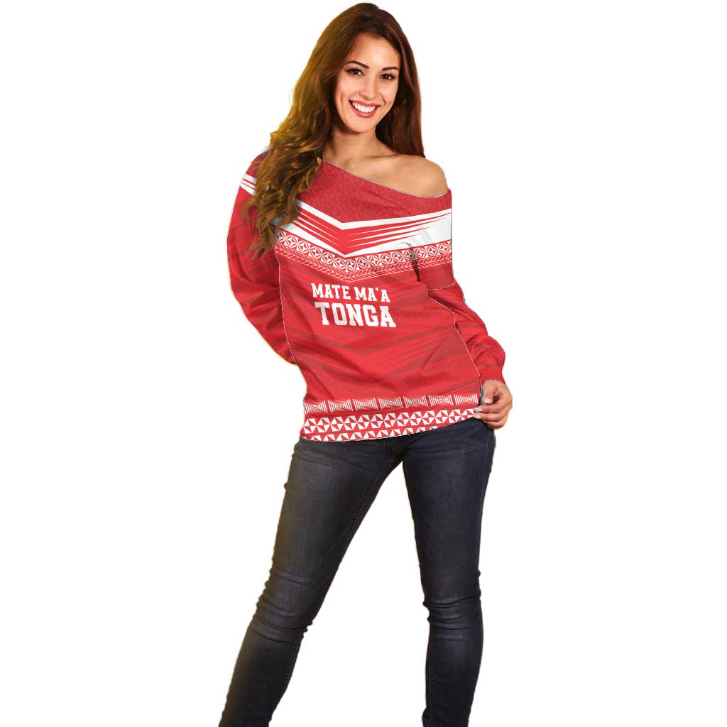 Custom Mate Ma'a Tonga Heritage Off Shoulder Sweater Pacific Tribal Rugby Red Edition - Polynesian Pride