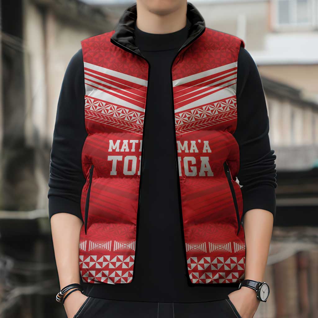 Custom Mate Ma'a Tonga Heritage Sleeveless Puffer Jacket Pacific Tribal Rugby Red Edition - Polynesian Pride