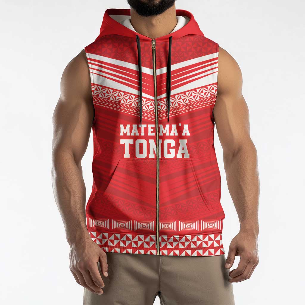 Custom Mate Ma'a Tonga Heritage Sleeveless Zip Hoodie Pacific Tribal Rugby Red Edition - Polynesian Pride