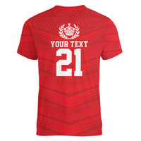Custom Mate Ma'a Tonga Heritage Women V-Neck T-Shirt Pacific Tribal Rugby Red Edition - Polynesian Pride