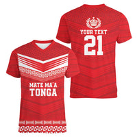 Custom Mate Ma'a Tonga Heritage Women V-Neck T-Shirt Pacific Tribal Rugby Red Edition - Polynesian Pride