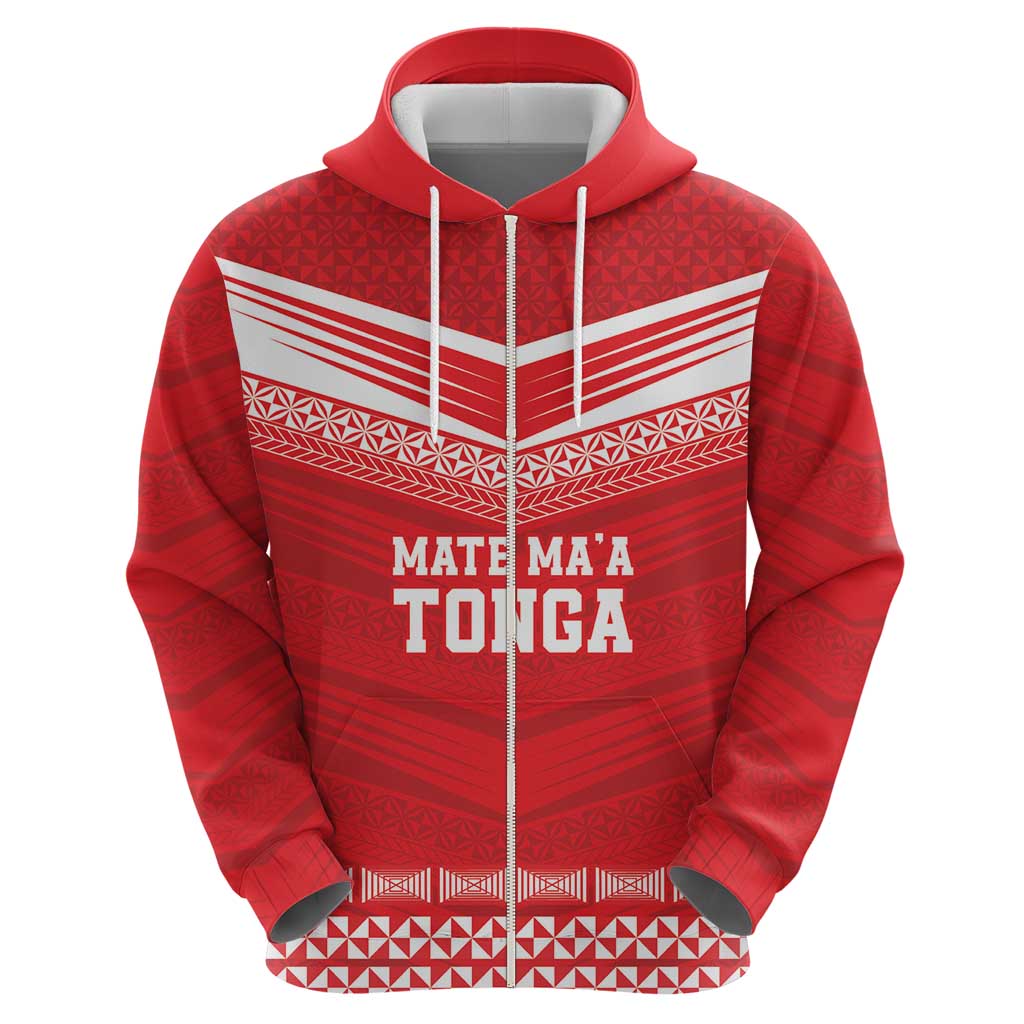 Custom Mate Ma'a Tonga Heritage Zip Hoodie Pacific Tribal Rugby Red Edition - Polynesian Pride