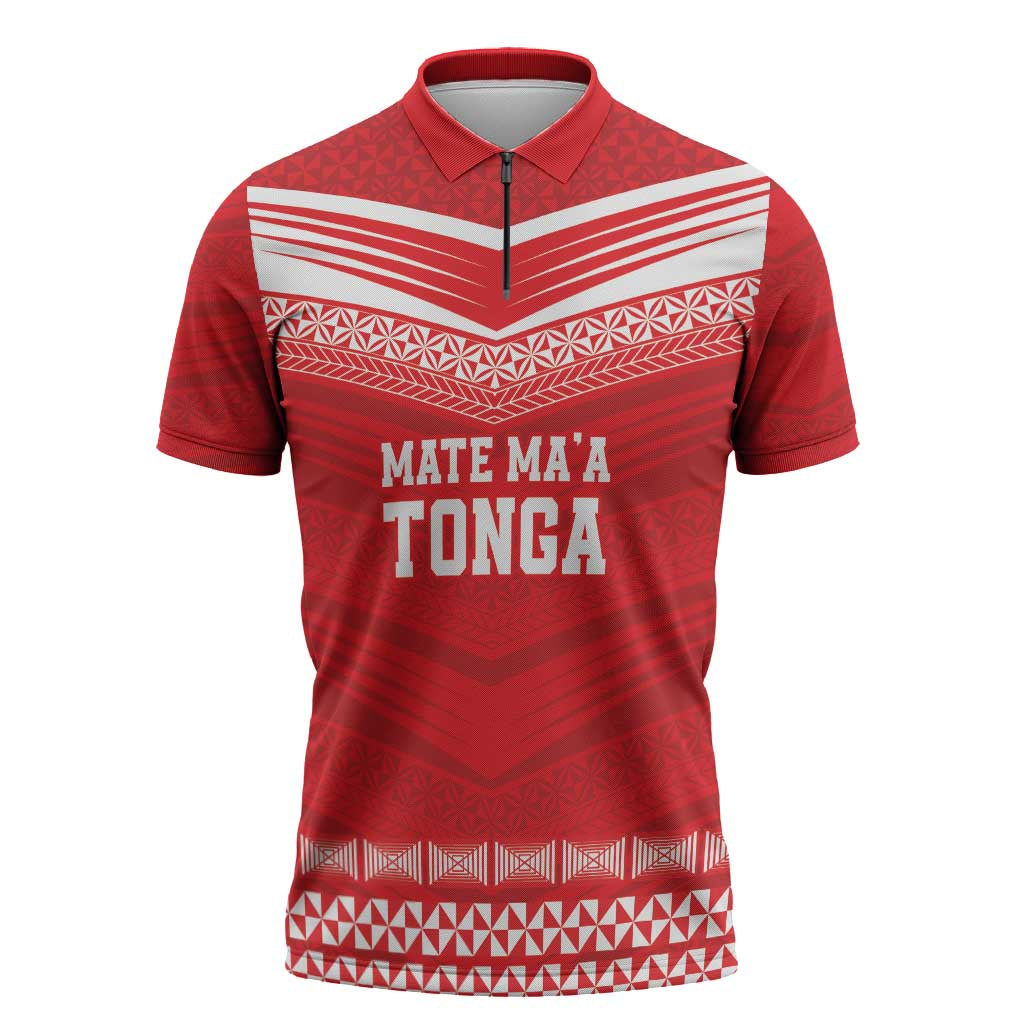 Custom Mate Ma'a Tonga Heritage Zipper Polo Shirt Pacific Tribal Rugby Red Edition - Polynesian Pride