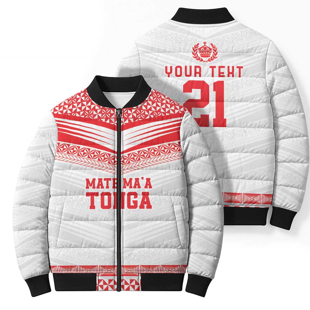 Custom Mate Ma'a Tonga Heritage Bomber Puffer Jacket Pacific Tribal Rugby White Edition - Polynesian Pride