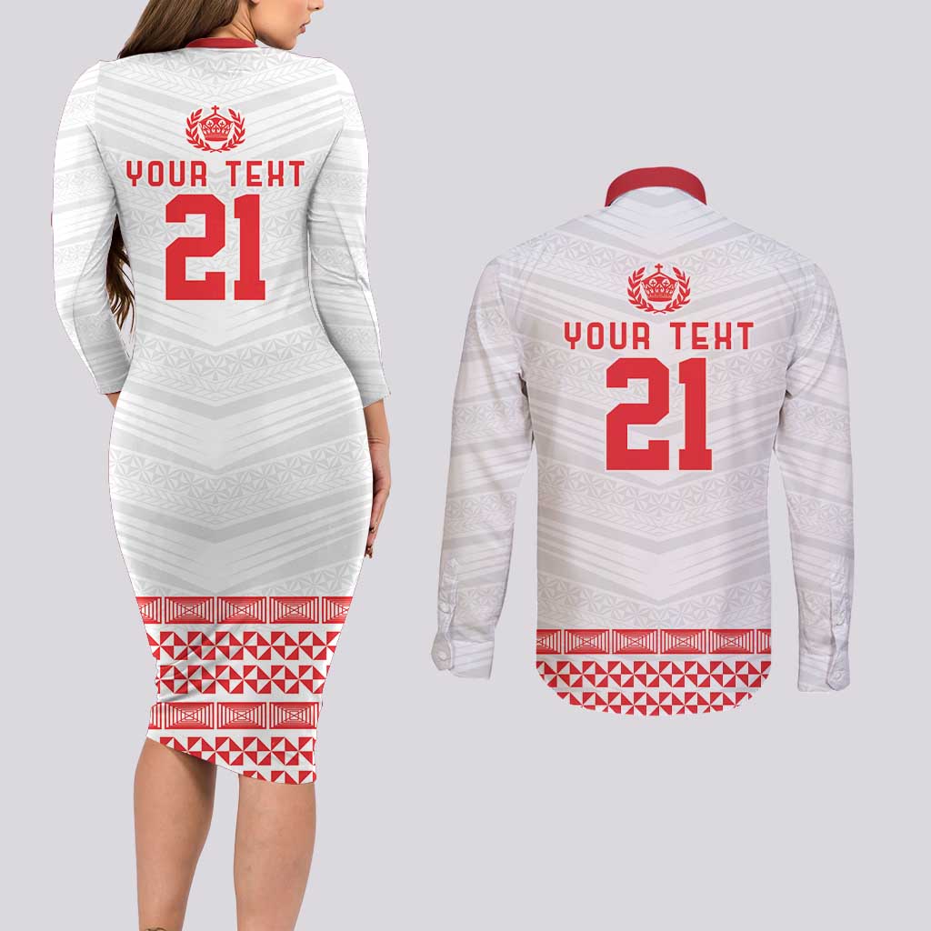 Custom Mate Ma'a Tonga Heritage Couples Matching Long Sleeve Bodycon Dress and Long Sleeve Button Shirt Pacific Tribal Rugby White Edition - Polynesian Pride