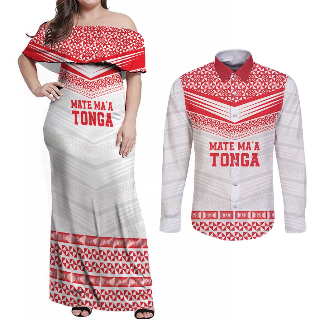 Custom Mate Ma'a Tonga Heritage Couples Matching Off Shoulder Maxi Dress and Long Sleeve Button Shirt Pacific Tribal Rugby White Edition - Polynesian Pride