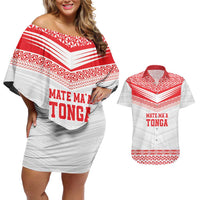 Custom Mate Ma'a Tonga Heritage Couples Matching Off Shoulder Short Dress and Hawaiian Shirt Pacific Tribal Rugby White Edition - Polynesian Pride