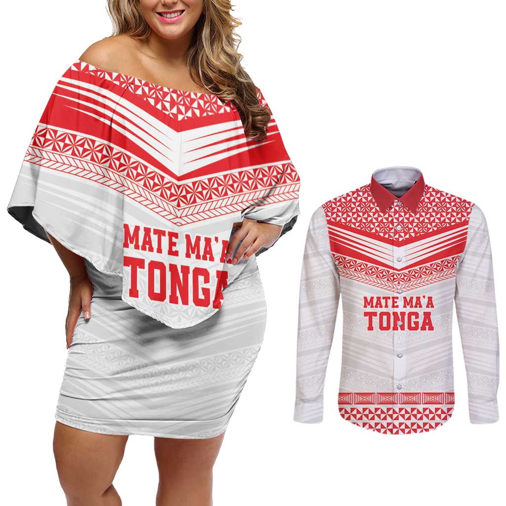 Custom Mate Ma'a Tonga Heritage Couples Matching Off Shoulder Short Dress and Long Sleeve Button Shirt Pacific Tribal Rugby White Edition - Polynesian Pride
