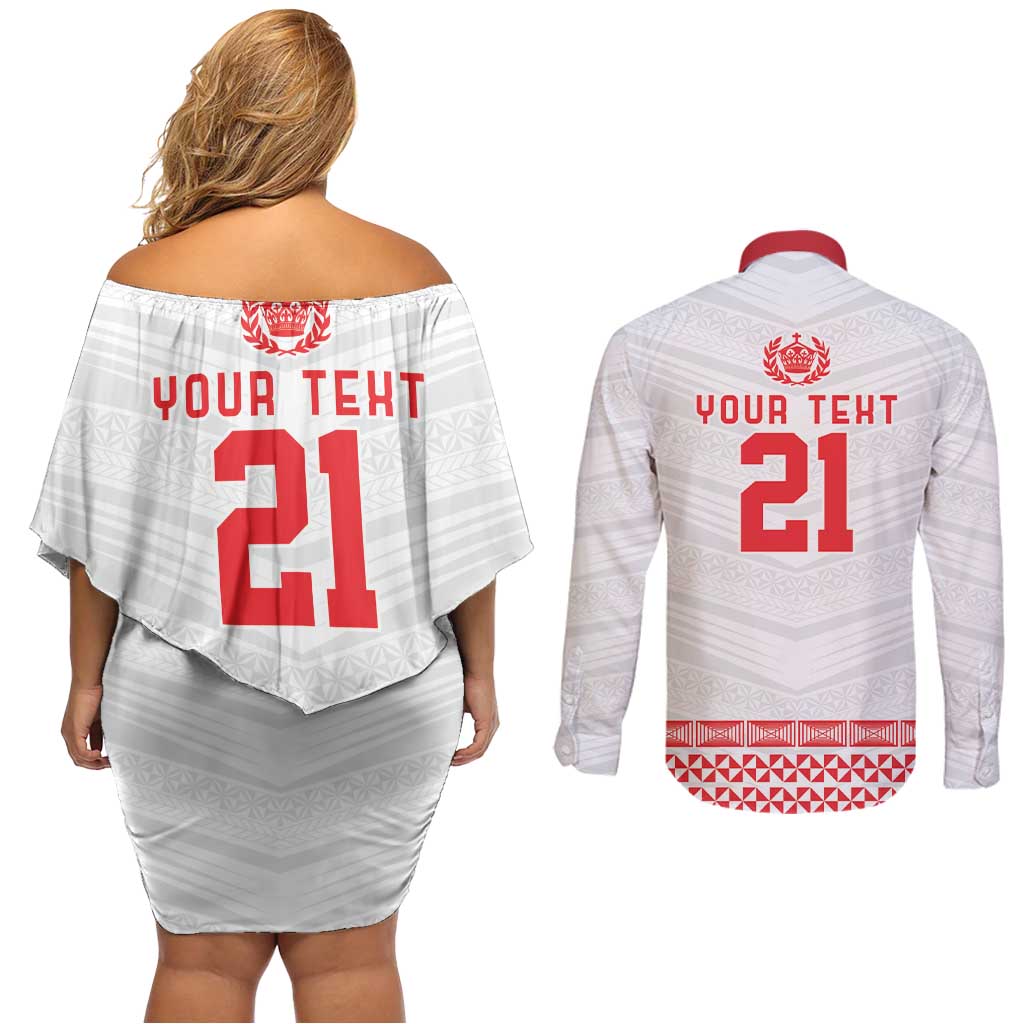 Custom Mate Ma'a Tonga Heritage Couples Matching Off Shoulder Short Dress and Long Sleeve Button Shirt Pacific Tribal Rugby White Edition - Polynesian Pride