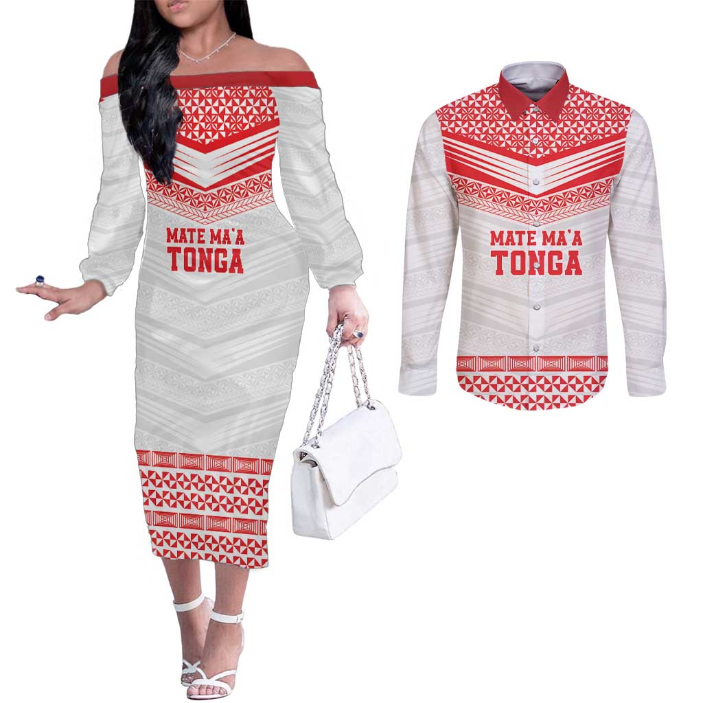 Custom Mate Ma'a Tonga Heritage Couples Matching Off The Shoulder Long Sleeve Dress and Long Sleeve Button Shirt Pacific Tribal Rugby White Edition - Polynesian Pride