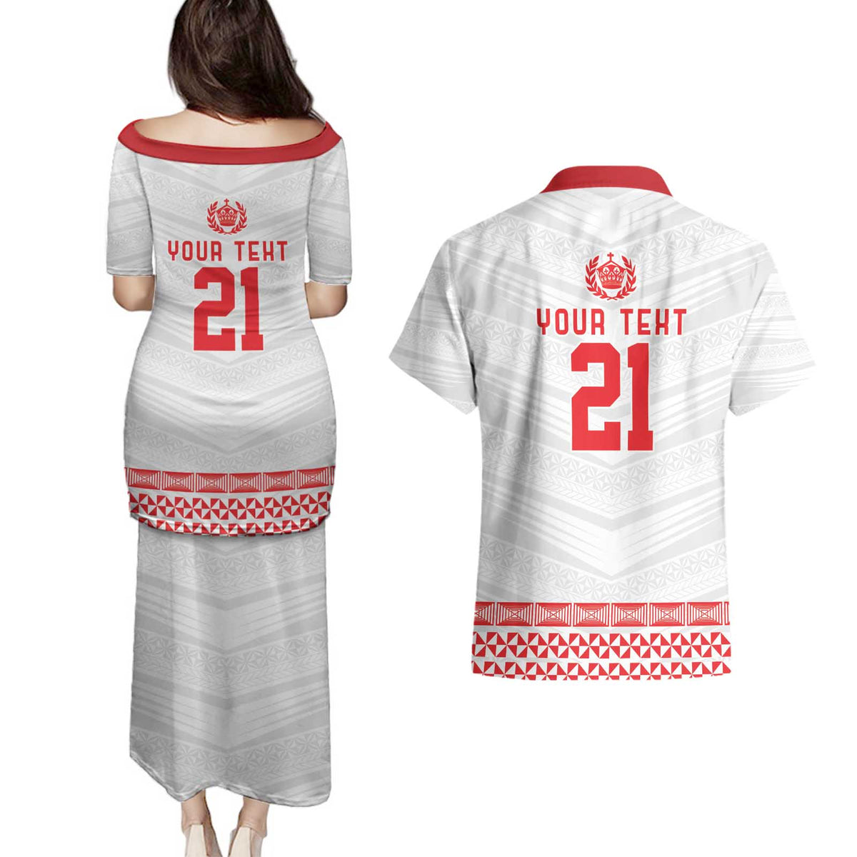 Custom Mate Ma'a Tonga Heritage Couples Matching Puletasi and Hawaiian Shirt Pacific Tribal Rugby White Edition - Polynesian Pride