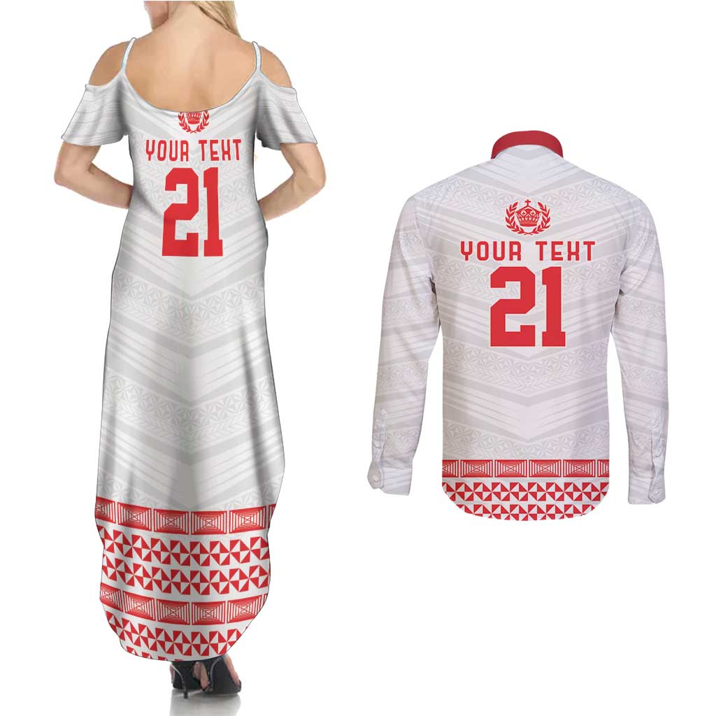 Custom Mate Ma'a Tonga Heritage Couples Matching Summer Maxi Dress and Long Sleeve Button Shirt Pacific Tribal Rugby White Edition - Polynesian Pride