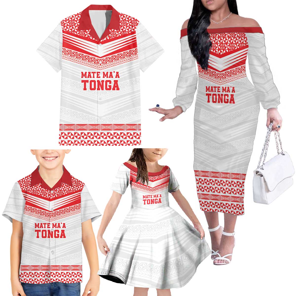 Custom Mate Ma'a Tonga Heritage Family Matching Off The Shoulder Long Sleeve Dress and Hawaiian Shirt Pacific Tribal Rugby White Edition - Polynesian Pride