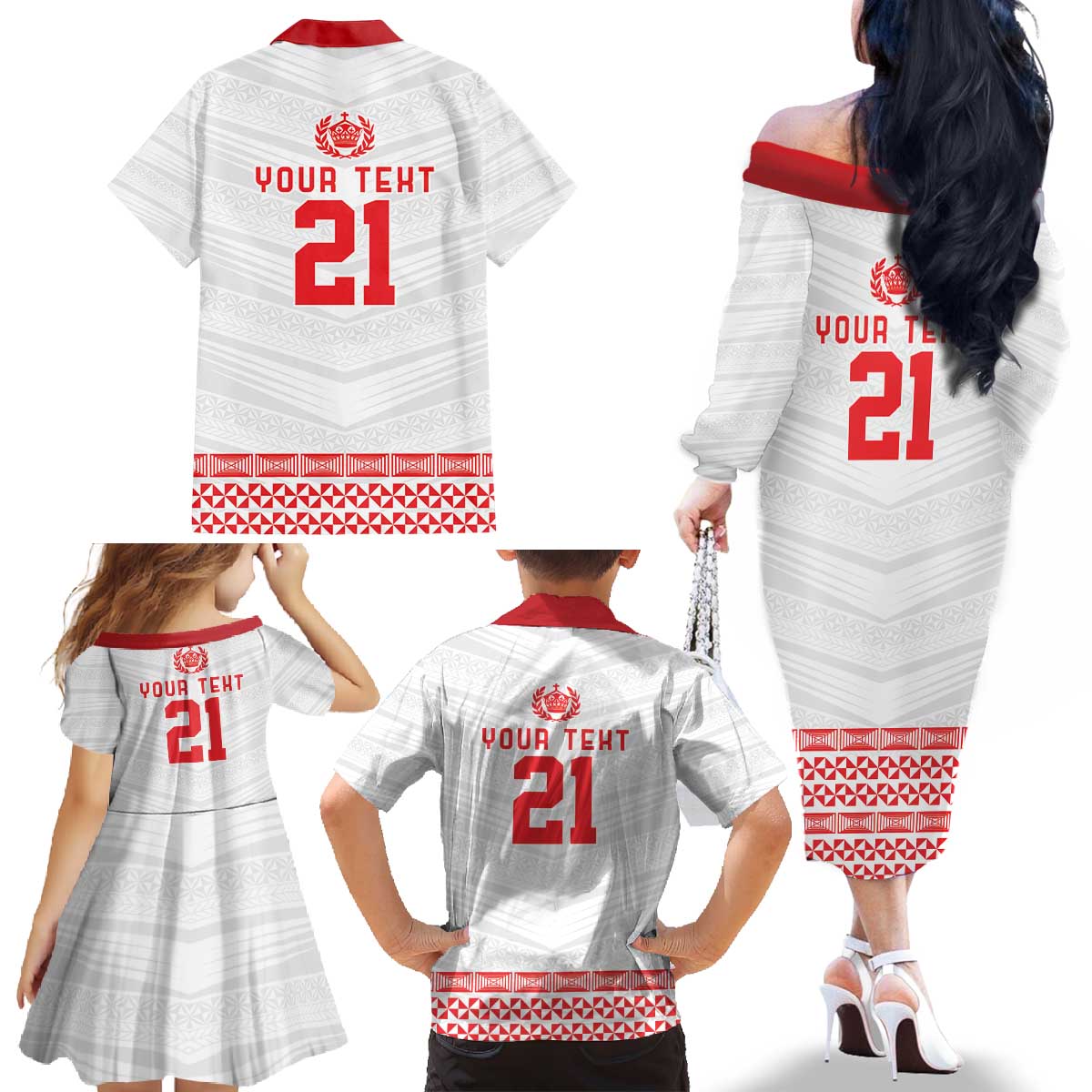 Custom Mate Ma'a Tonga Heritage Family Matching Off The Shoulder Long Sleeve Dress and Hawaiian Shirt Pacific Tribal Rugby White Edition - Polynesian Pride
