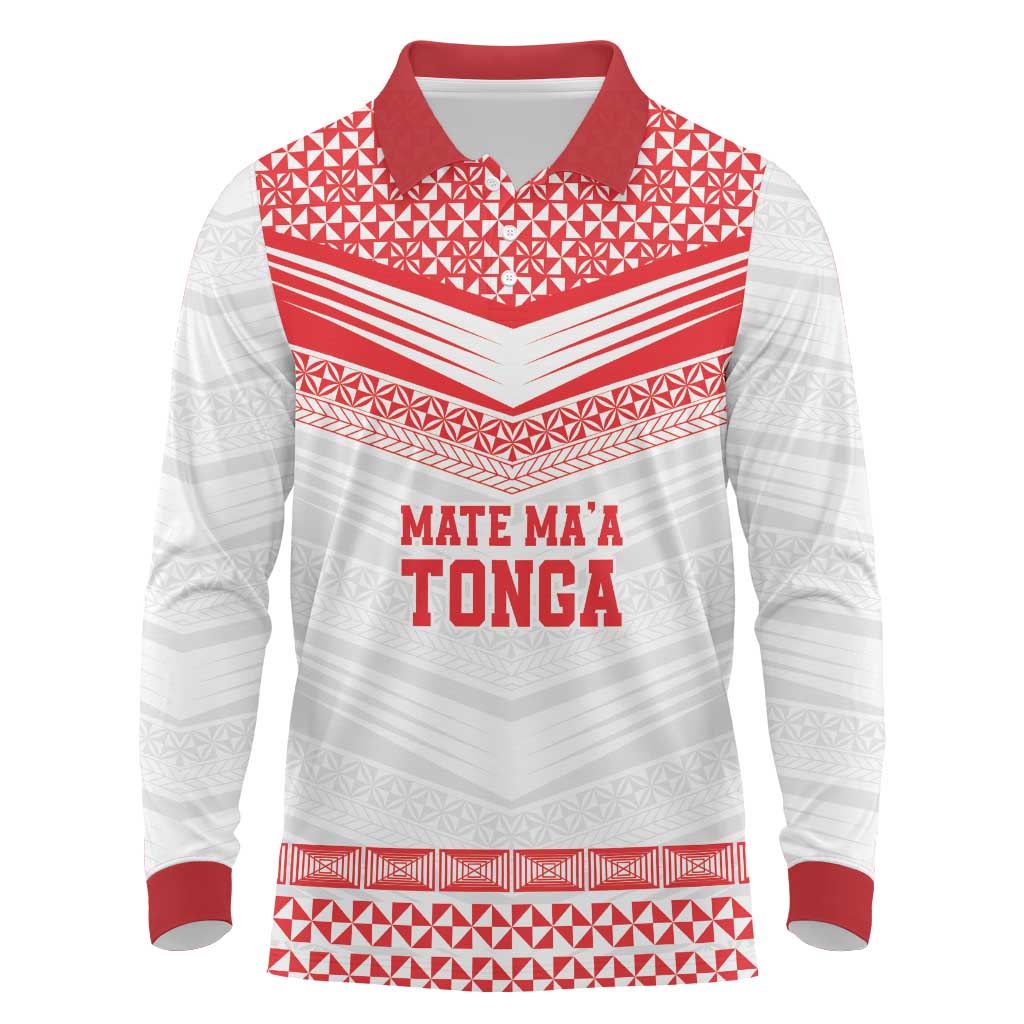 Custom Mate Ma'a Tonga Heritage Long Sleeve Polo Shirt Pacific Tribal Rugby White Edition - Polynesian Pride