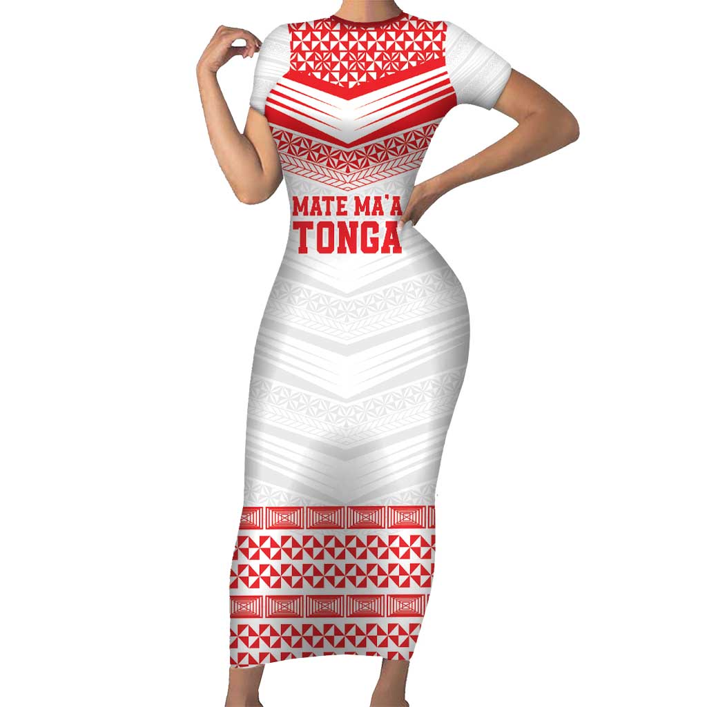 Custom Mate Ma'a Tonga Heritage Short Sleeve Bodycon Dress Pacific Tribal Rugby White Edition - Polynesian Pride
