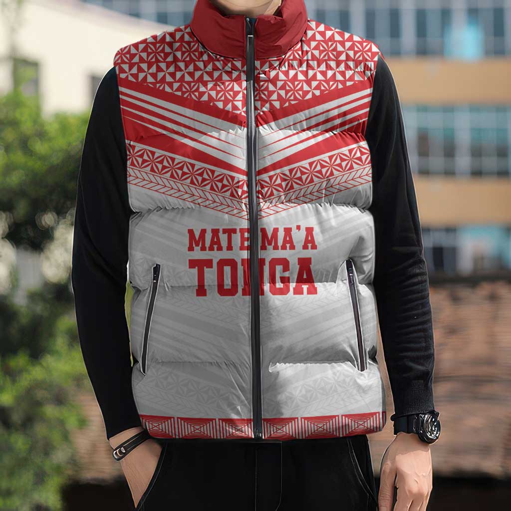 Custom Mate Ma'a Tonga Heritage Sleeveless Puffer Jacket Pacific Tribal Rugby White Edition - Polynesian Pride