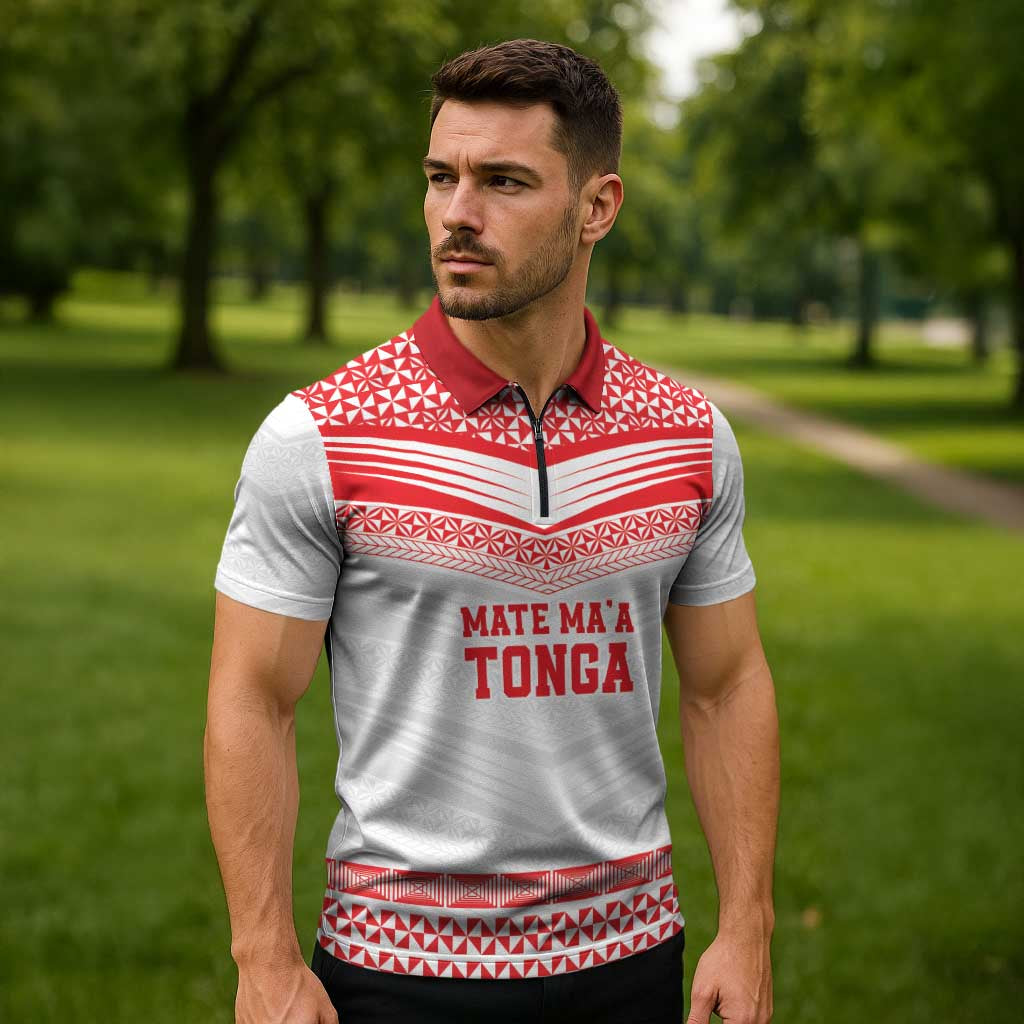 Custom Mate Ma'a Tonga Heritage Zipper Polo Shirt Pacific Tribal Rugby White Edition - Polynesian Pride