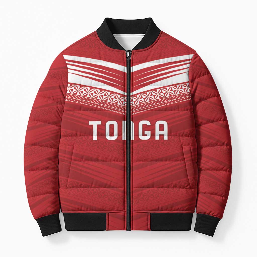 Custom Pacific Rugby Spirit Bomber Puffer Jacket Tonga Ngatu Pride Red Edition - Polynesian Pride