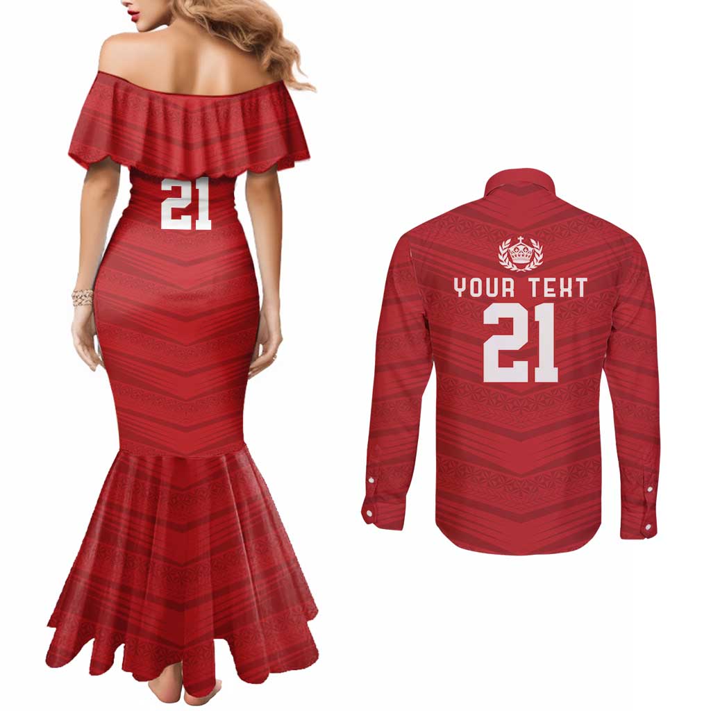 Custom Pacific Rugby Spirit Couples Matching Mermaid Dress and Long Sleeve Button Shirt Tonga Ngatu Pride Red Edition - Polynesian Pride