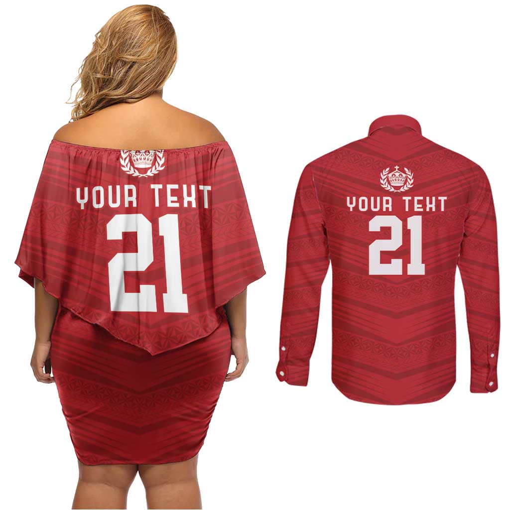 Custom Pacific Rugby Spirit Couples Matching Off Shoulder Short Dress and Long Sleeve Button Shirt Tonga Ngatu Pride Red Edition - Polynesian Pride