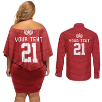 Custom Pacific Rugby Spirit Couples Matching Off Shoulder Short Dress and Long Sleeve Button Shirt Tonga Ngatu Pride Red Edition - Polynesian Pride