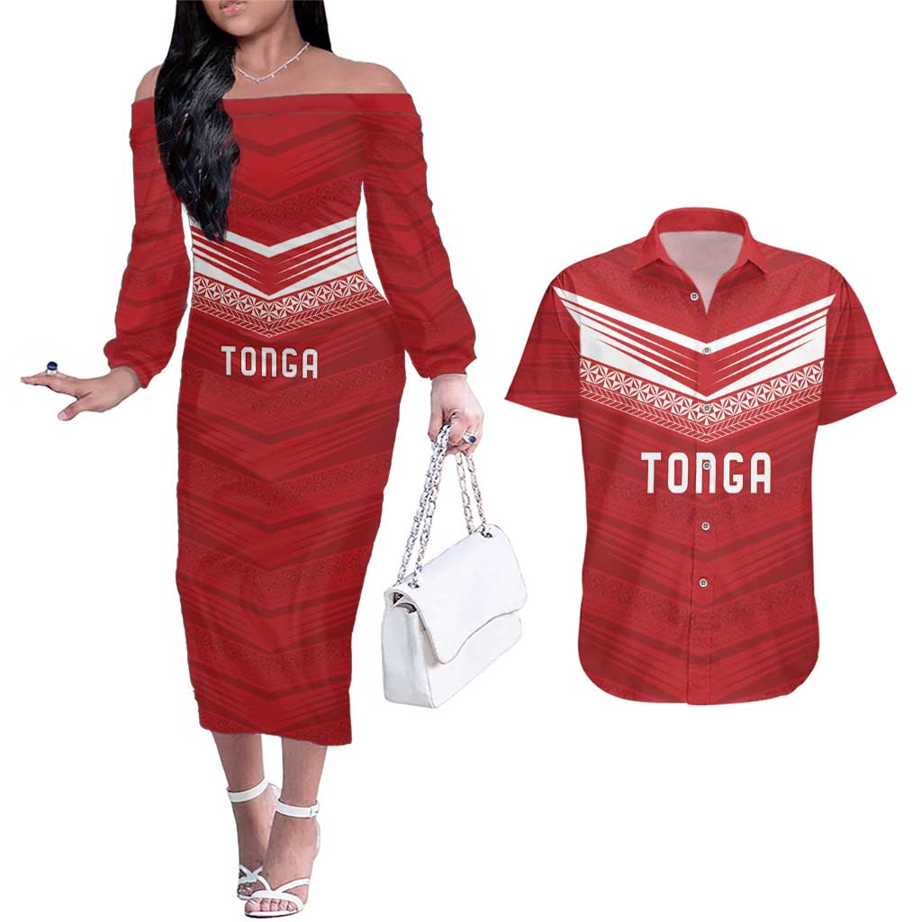 Custom Pacific Rugby Spirit Couples Matching Off The Shoulder Long Sleeve Dress and Hawaiian Shirt Tonga Ngatu Pride Red Edition - Polynesian Pride