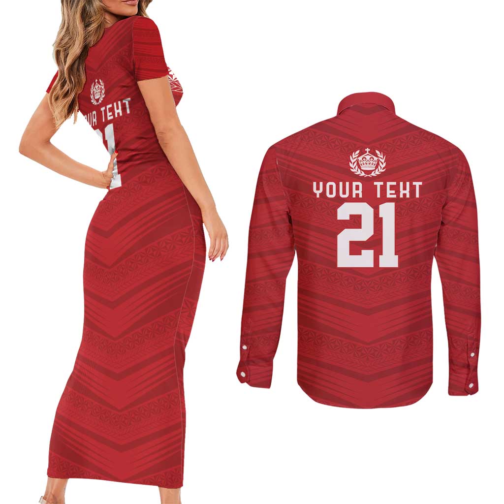 Custom Pacific Rugby Spirit Couples Matching Short Sleeve Bodycon Dress and Long Sleeve Button Shirt Tonga Ngatu Pride Red Edition - Polynesian Pride