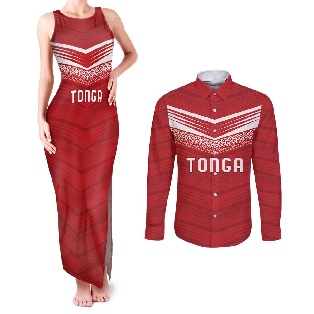 Custom Pacific Rugby Spirit Couples Matching Tank Maxi Dress and Long Sleeve Button Shirt Tonga Ngatu Pride Red Edition - Polynesian Pride