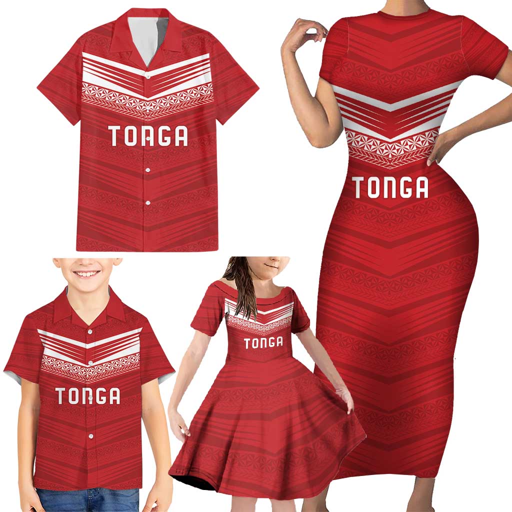 Custom Pacific Rugby Spirit Family Matching Short Sleeve Bodycon Dress and Hawaiian Shirt Tonga Ngatu Pride Red Edition - Polynesian Pride