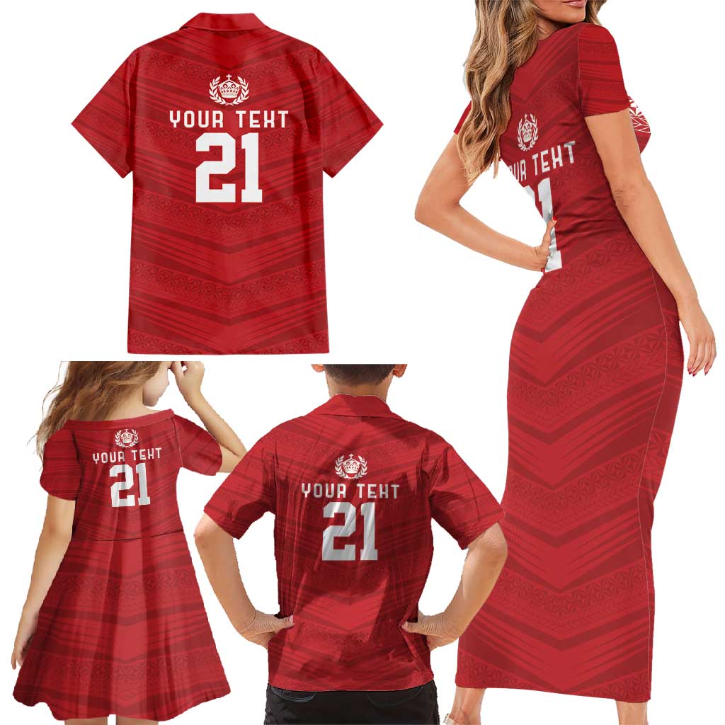 Custom Pacific Rugby Spirit Family Matching Short Sleeve Bodycon Dress and Hawaiian Shirt Tonga Ngatu Pride Red Edition - Polynesian Pride