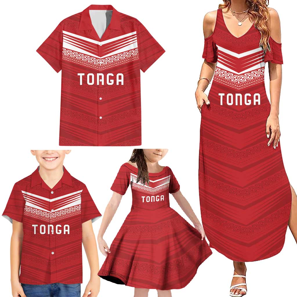 Custom Pacific Rugby Spirit Family Matching Summer Maxi Dress and Hawaiian Shirt Tonga Ngatu Pride Red Edition - Polynesian Pride