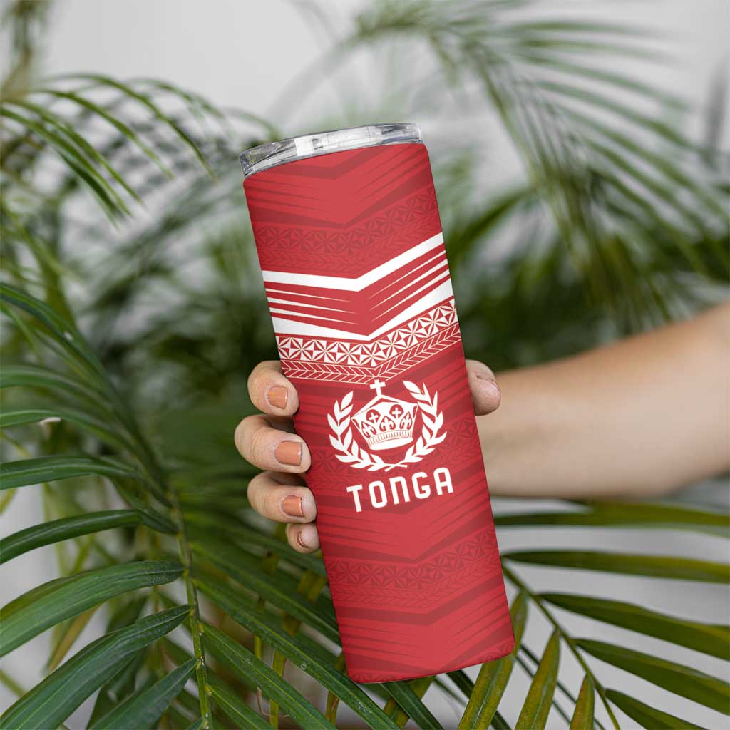Custom Pacific Rugby Spirit Skinny Tumbler Tonga Ngatu Pride Red Edition - Polynesian Pride