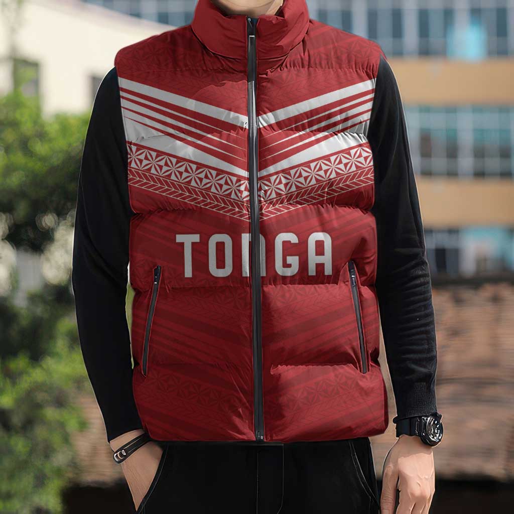 Custom Pacific Rugby Spirit Sleeveless Puffer Jacket Tonga Ngatu Pride Red Edition - Polynesian Pride