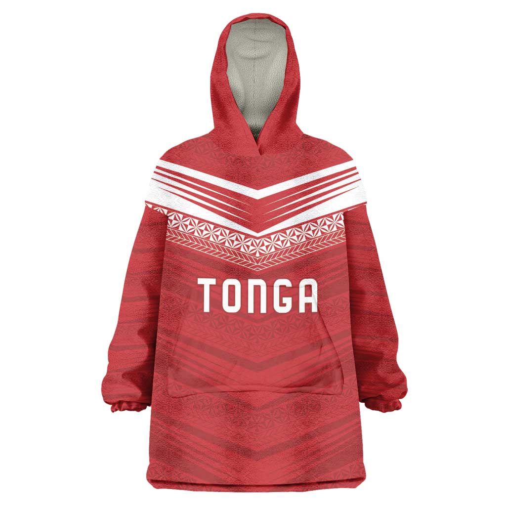 Custom Pacific Rugby Spirit Wearable Blanket Hoodie Tonga Ngatu Pride Red Edition - Polynesian Pride