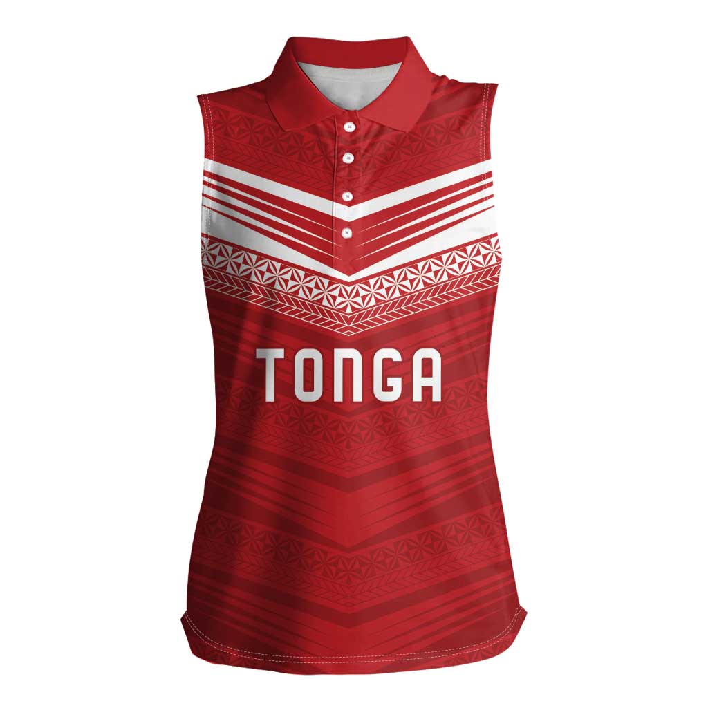 Custom Pacific Rugby Spirit Women Sleeveless Polo Shirt Tonga Ngatu Pride Red Edition - Polynesian Pride