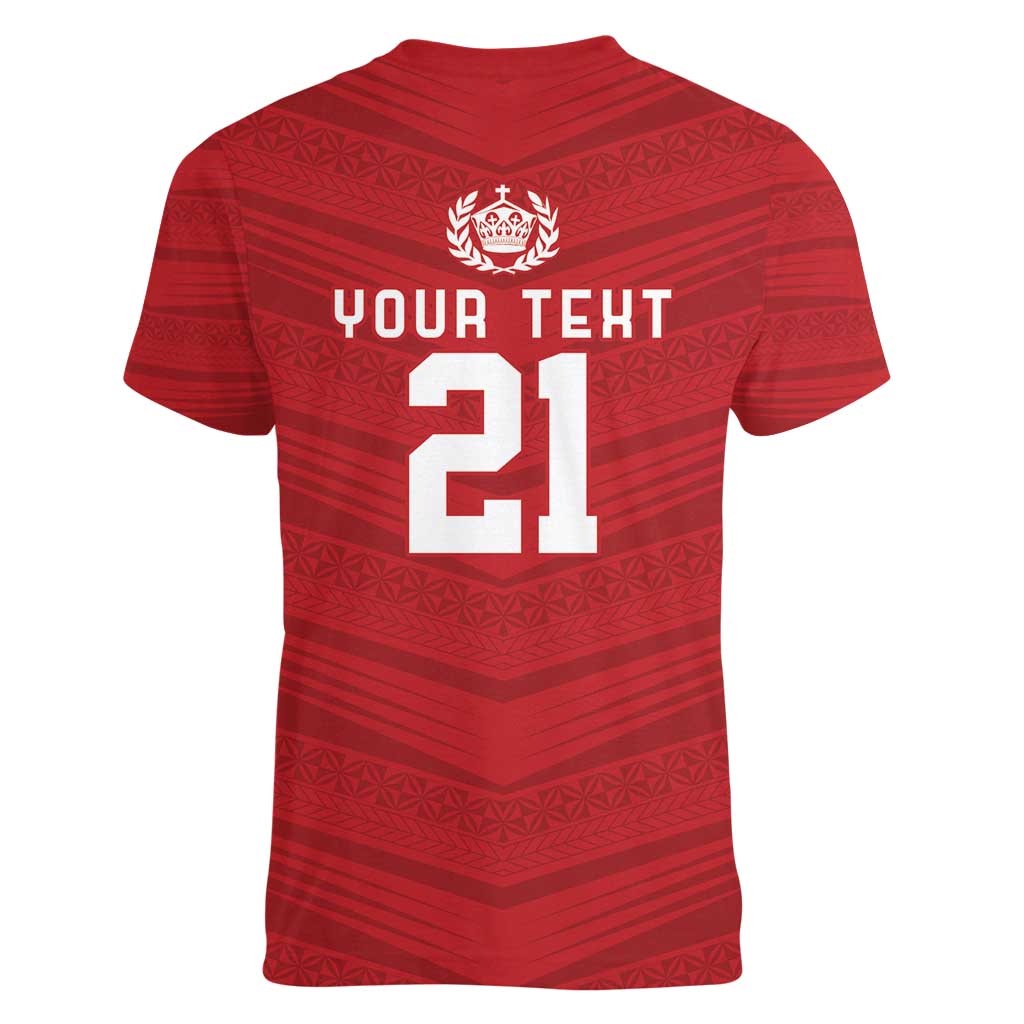 Custom Pacific Rugby Spirit Women V-Neck T-Shirt Tonga Ngatu Pride Red Edition - Polynesian Pride