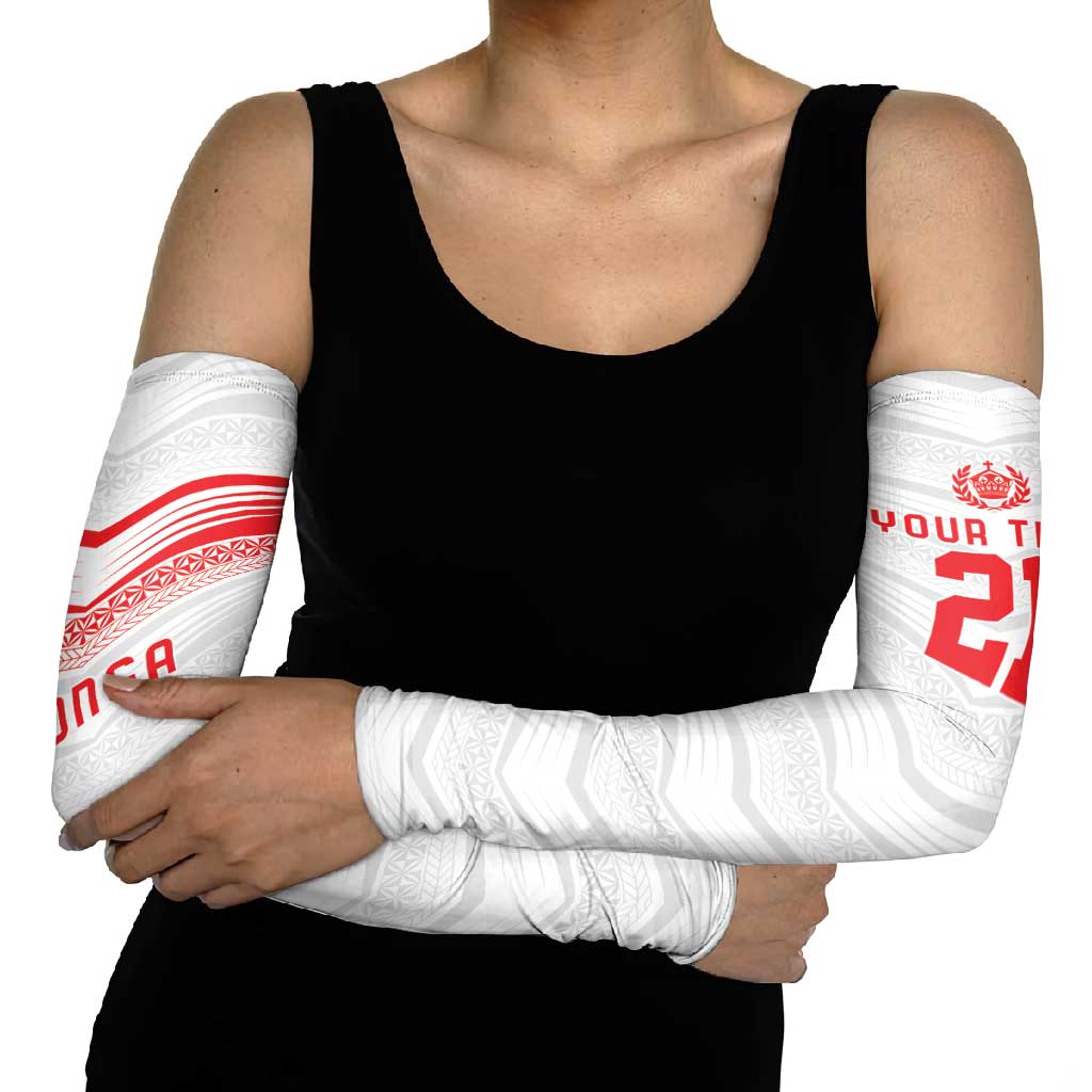 Custom Pacific Rugby Spirit Arm Sleeves Tonga Ngatu Pride White Edition - Polynesian Pride