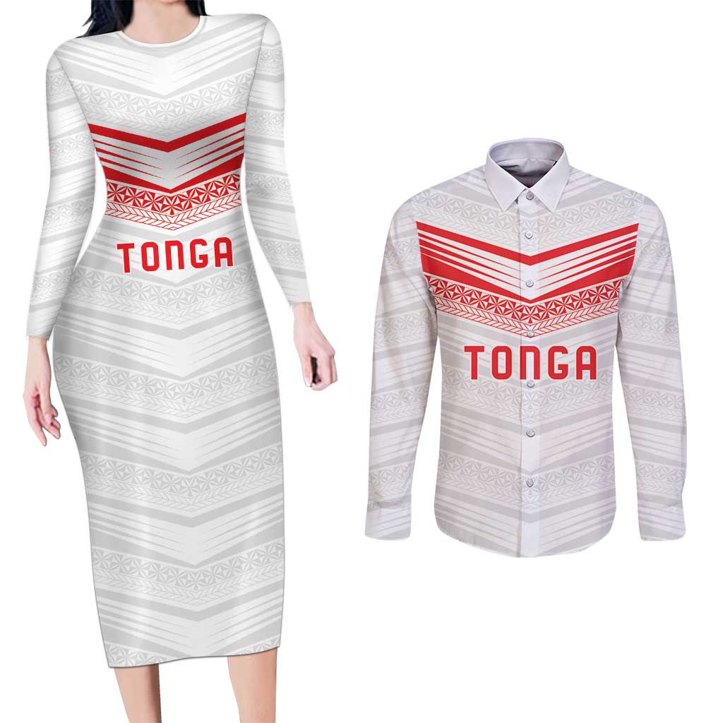 Custom Pacific Rugby Spirit Couples Matching Long Sleeve Bodycon Dress and Long Sleeve Button Shirt Tonga Ngatu Pride White Edition - Polynesian Pride