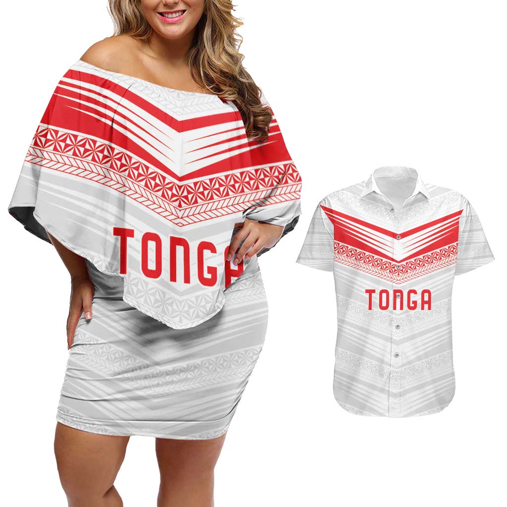 Custom Pacific Rugby Spirit Couples Matching Off Shoulder Short Dress and Hawaiian Shirt Tonga Ngatu Pride White Edition - Polynesian Pride
