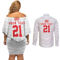 Custom Pacific Rugby Spirit Couples Matching Off Shoulder Short Dress and Long Sleeve Button Shirt Tonga Ngatu Pride White Edition - Polynesian Pride